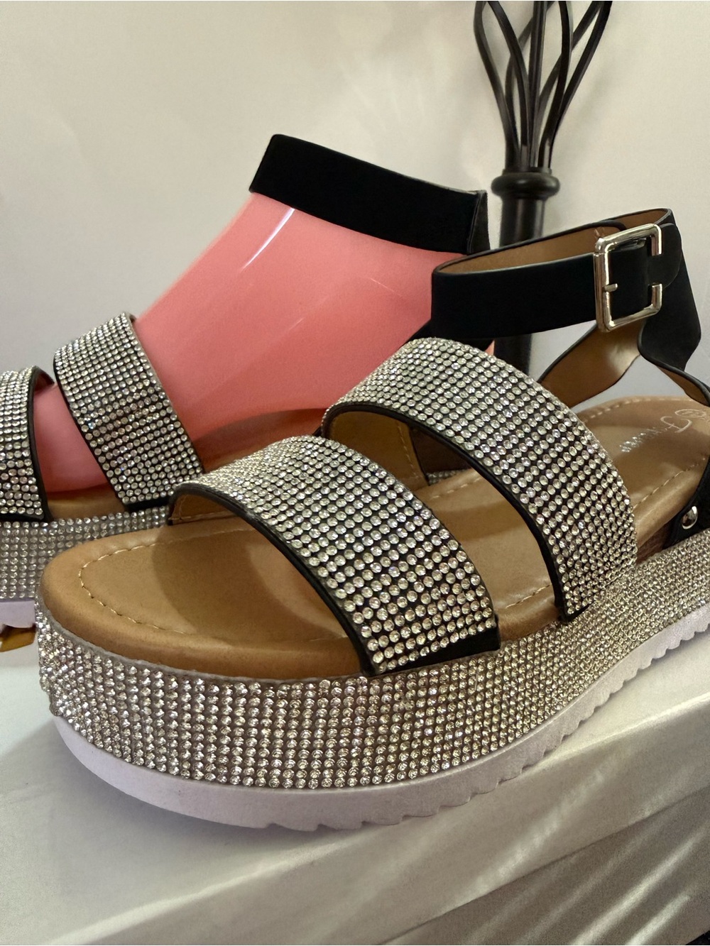 Forever 21 Black Rhinestone Platform Sandals with Silver Accents